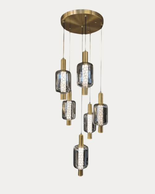 12036-6G LAMPARA DECORATIVA COBRE 6 LUCES VIDRIO HUMO 3000K