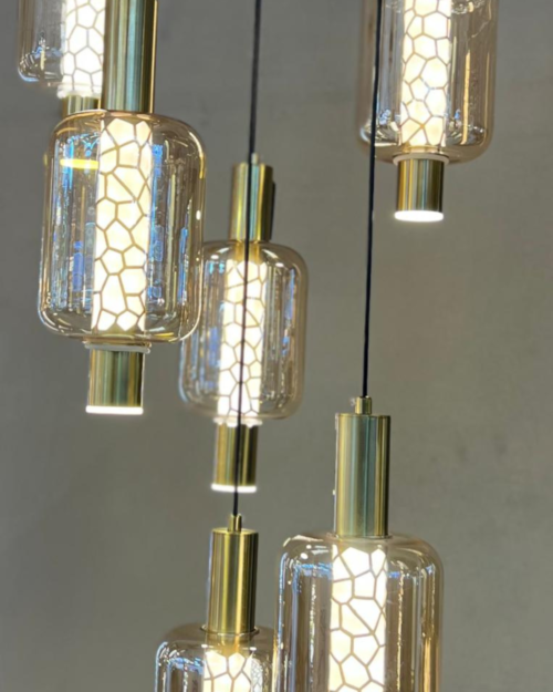 12036-6A LAMPARA DECORATIVA COBRE 6 LUCES VIDRIO AMBAR 3000K