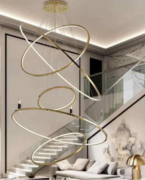 19018-5 LAMPARA DECORATIVA DOBLE ALTURA DORADA 5 AROS -300K-4100K-6500K