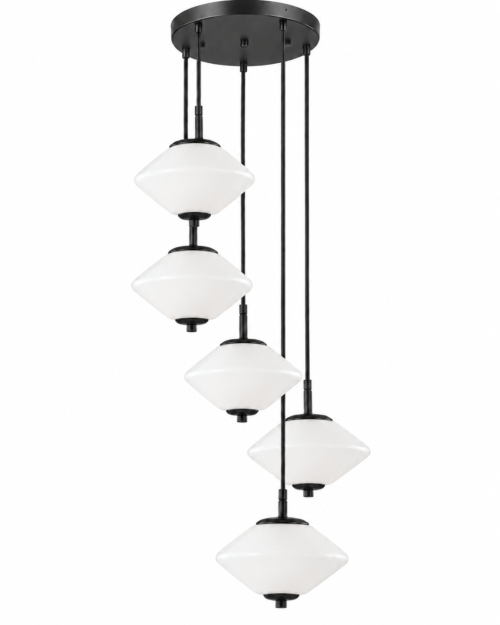 8095-5 Lámpara decorativa vintage x 5 luces herraje negro bomba blanca
