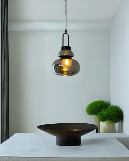 Lámpara Colgante JC-8027-A de Vidrio Ahumado y Herrajes en Negro Dorado y Oro Rosa