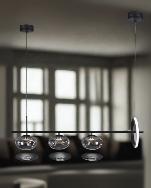 Lámpara colgante de vidrio y herraje 90cm x 20cm negra LED 18W