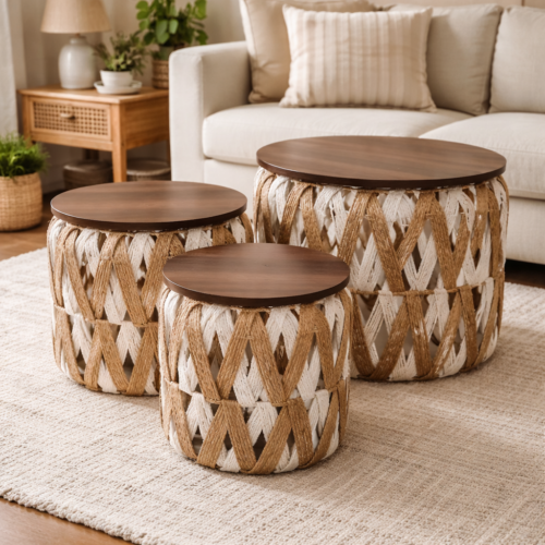 Set de Mesas de Centro y Auxiliares Decorativas x3 en Madera y Yute – Estilo Natural 25A042