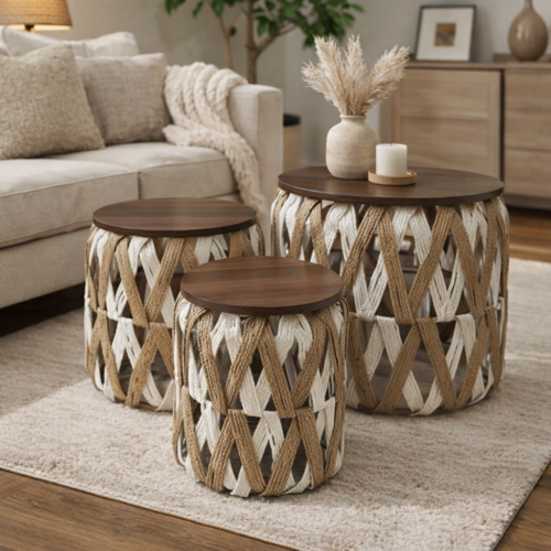 Set de Mesas de Centro y Auxiliares Decorativas x3 en Madera y Yute – Estilo Natural 25A042