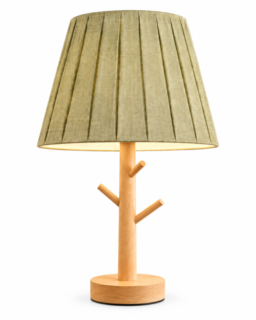 HD24005- V LAMPARA DE MESA ESTRUCTURA MADERA-PANTALLA VERDE OLIVA NATURAL