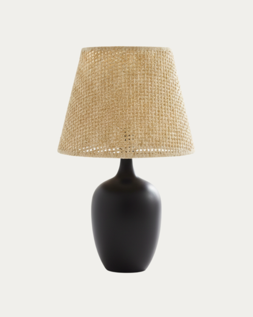 KW7252- B -LAMPARA DE MESA VITRA BADE METALICA IMITACIÓN MADERA WENGUE,DISEÑO MODERNO,PANTALLA BEIGE,BOMBILLO E 27