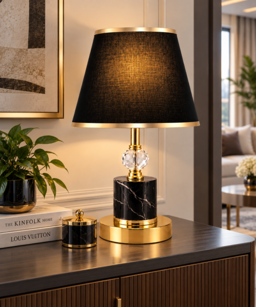 KW7310 - LAMPARA DE MESA ESTRUCTURA METALICA Y POLICARBONATO NEGRO TIPO MARLOL NEGRO -DORADO BOMBILLO E27 INCLUIDO COLOR DE LUZ A ELECCIÓN