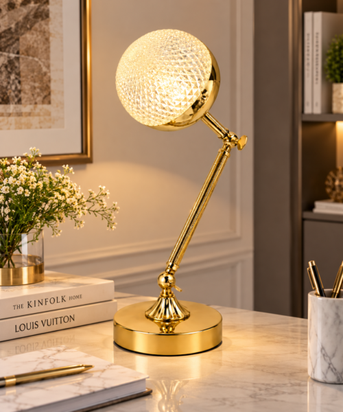 KW2309- -LAMPARA DE MESA ESTRUCTURA METALICA DORADA, ESCULIZABLE,TRES TONOS DE LUZ
