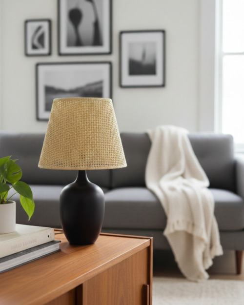 KW7252- B -LAMPARA DE MESA VITRA BADE METALICA IMITACIÓN MADERA WENGUE,DISEÑO MODERNO,PANTALLA BEIGE,BOMBILLO E 27