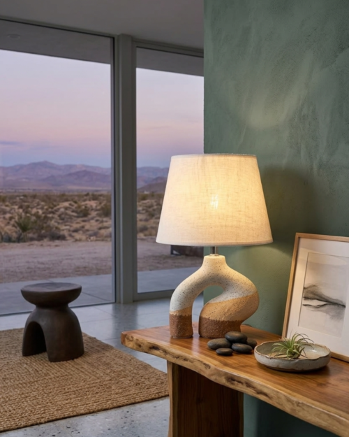 KW20194- B LAMPARA DE MESA ESTRUCTURA CERAMICA-BLANCA-CAFE-BEIGE