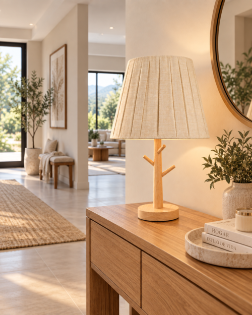 HD24005- LAMPARA DE MESA ESTRUCTURA MADERA-PANTALLA BEIGE